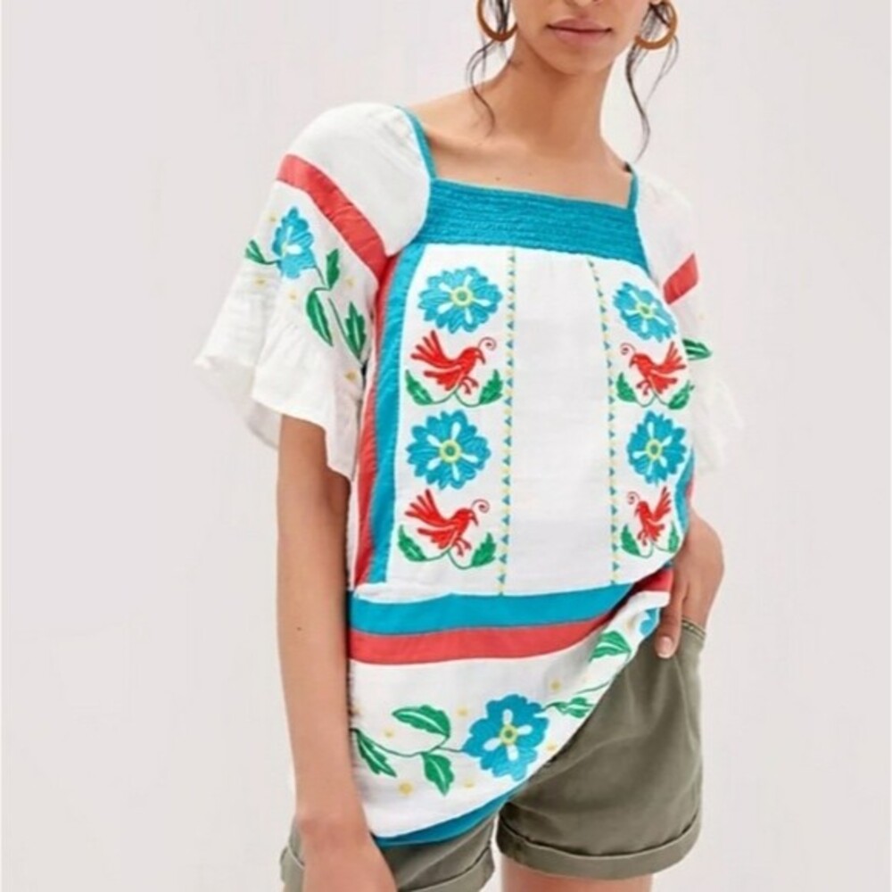 Anthropologie Seen Worn Kept 100% Cotton Embroidered Ruffle Sleeve Tunic/Top